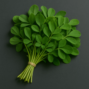 Bundle of fresh Indian methi leaves (fenugreek), vibrant green with smooth leaflets, ideal for export and culinary use