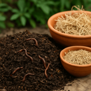 A pile of rich, dark brown vermicompost made from cow dung, ideal for organic and eco-friendly farming practices