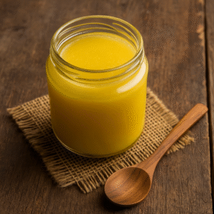 A glass jar filled with golden Organic A2 ghee made using the traditional Bilona method from grass-fed cow milk, placed on a rustic wooden surface for export and premium consumption.