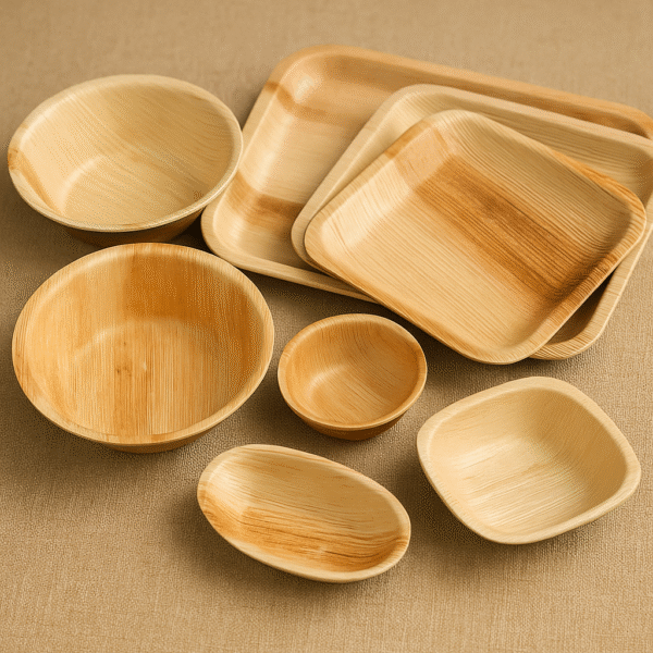 A collection of biodegradable Areca palm leaf bowls and trays used for eco-friendly food serving