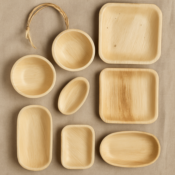 A set of eco-friendly areca leaf plates arranged neatly, showcasing biodegradable, disposable palm leaf tableware ideal for sustainable dining and export.