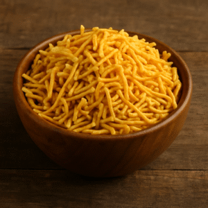 A wooden bowl filled with golden, crispy Bhujia sev, a traditional Indian namkeen snack, placed on a rustic surface and ideal for export and retail packaging.