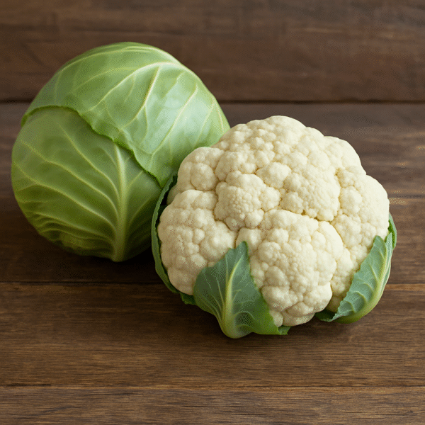 A green cabbage and a white cauliflower placed side by side on a rustic wooden background, showcasing their fresh texture and export-quality appearance.