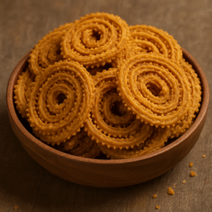 A rustic wooden bowl filled with crispy spiral Chakli (Murukku), a traditional Indian snack, placed on a wooden surface, ideal for export and festive packaging.