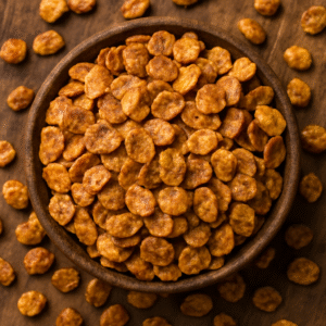 A top-down view of a wooden bowl filled with Chana Jor Garam, a spiced and flattened chickpea snack, placed on a rustic wooden surface, representing authentic Indian street-style flavor for export.