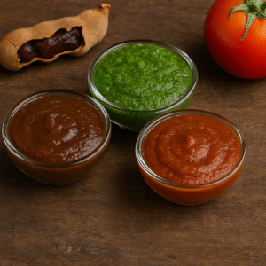 Three small round glass bowls filled with traditional Indian chutneys—tamarind, mint, and tomato—arranged on a rustic wooden surface, showcasing their vibrant colors and ready-to-eat freshness.