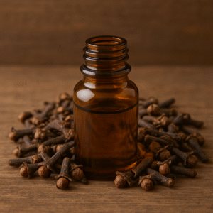 Amber glass bottle of clove essential oil surrounded by dried clove buds on a wooden surface
