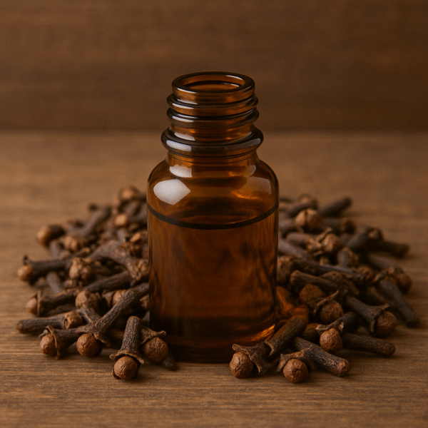 Amber glass bottle of clove essential oil surrounded by dried clove buds on a wooden surface