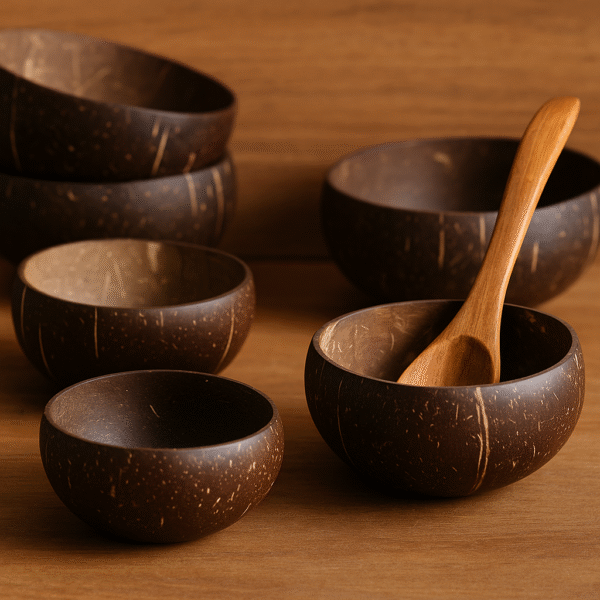 A collection of handcrafted coconut shell bowls and wooden spoons, showcasing sustainable Indian tableware