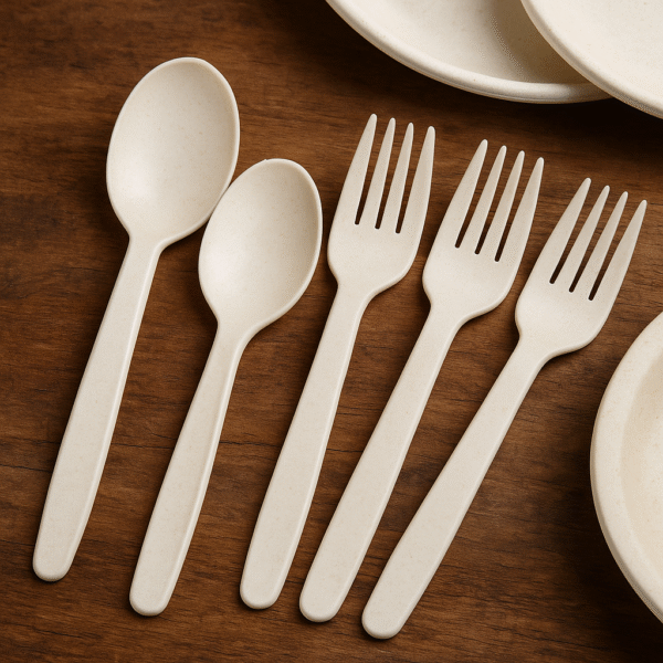 Eco-friendly cornstarch cutlery including compostable spoons and forks made from biodegradable bioplastic