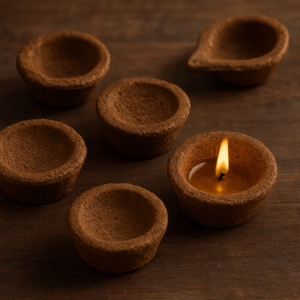 Handcrafted cow dung diyas arranged neatly on a rustic surface, highlighting their biodegradable, sacred, and eco-conscious design ideal for Indian festivals and rituals.