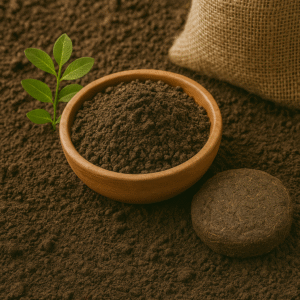 Organic cow dung compost in a wooden bowl with cow dung cake and green plant – Natural soil enhancer and fertilizer