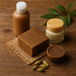 A display of natural herbal soaps and skincare items made from cow dung, emphasizing eco-friendly and chemical-free personal care products from India.