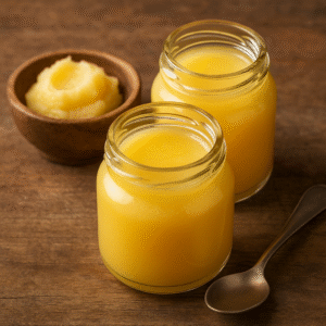 Two small glass jars filled with golden cow and buffalo ghee, placed on a rustic wooden surface, showcasing the rich texture and purity of traditional Indian clarified butter for export.