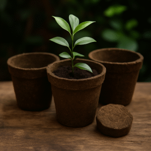 Three biodegradable cow dung planters placed on a natural surface, promoting sustainable and eco-conscious gardening solutions made from organic materials.