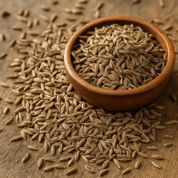 A close-up of whole cumin seeds spread across a rustic wooden surface, showcasing their natural texture, earthy aroma, and premium quality ideal for Indian cooking and global export.