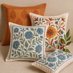 Artisan cushion covers featuring floral block printing and colorful embroidery – Indian handcrafted home textiles