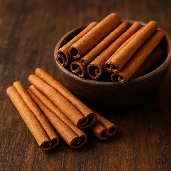A bundle of cinnamon sticks (dalchini) placed in and around a rustic wooden bowl, highlighting their natural texture, warm brown color, and premium Indian export quality.