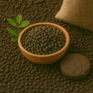 Organic granular cow dung fertilizer in a wooden bowl with plant and cow dung patty – Natural soil conditioner for farming