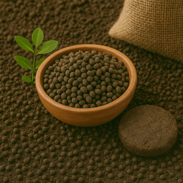 Organic granular cow dung fertilizer in a wooden bowl with plant and cow dung patty – Natural soil conditioner for farming