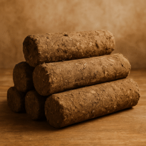 Stack of eco-friendly cow dung logs used for traditional Indian cremation and sacred rituals