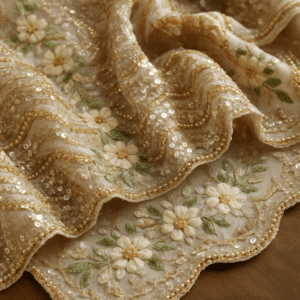 Close-up view of luxurious fabric featuring intricate embroidery and shimmering sequin work, ideal for designer garments and couture fashion.
