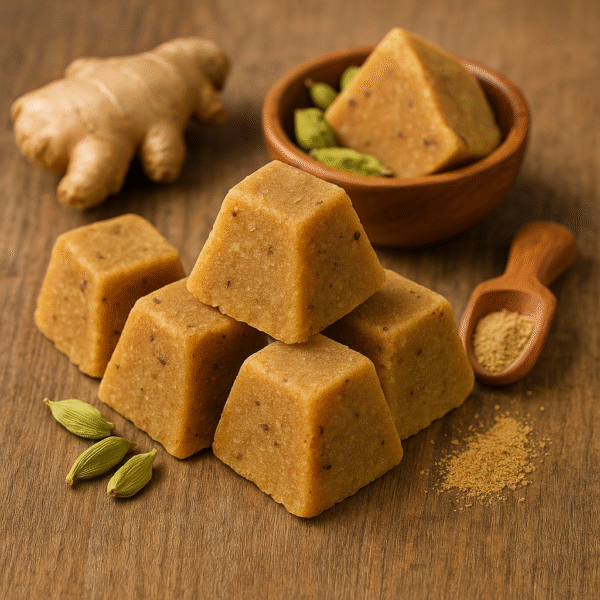 Pyramid-shaped blocks of flavored jaggery infused with ginger, cardamom, and Ayurvedic spices, arranged on a rustic wooden surface, ideal for natural sweetener export.