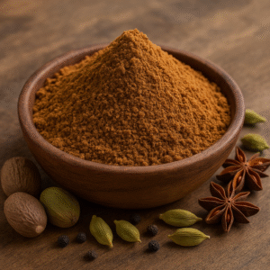 A heap of finely ground Garam Masala surrounded by whole spices like cloves, cinnamon, and cardamom on a rustic wooden surface, representing an aromatic and export-quality Indian spice blend.