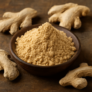 A close-up of light beige dry ginger powder in a rustic wooden bowl, surrounded by dried ginger slices, ideal as a traditional Indian spice for cooking, wellness, and export.