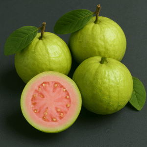 Close-up of fresh Indian guavas, including a halved fruit showing vibrant pink pulp and seeds, ideal for international export markets