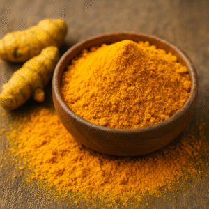 A vibrant yellow-orange heap of turmeric powder placed on a rustic wooden surface, showcasing its high curcumin content and rich aroma, ideal for culinary and medicinal export use.