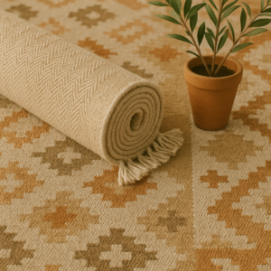 Handmade wool rug with geometric kilim pattern and rolled durrie – Artisan woven floor covering with earthy tones
