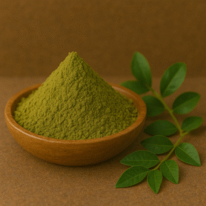 Natural henna powder in a wooden bowl with fresh Lawsonia Inermis leaves – Mehendi for hair and hand application