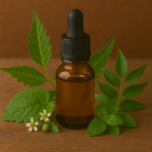 Amber dropper bottle of herbal hair oil surrounded by fresh Ayurvedic herbs and flowers on a wooden surface