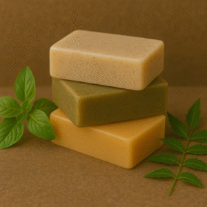 Stack of natural herbal soaps with neem and basil leaves – Ayurvedic chemical-free bath bars for skin care