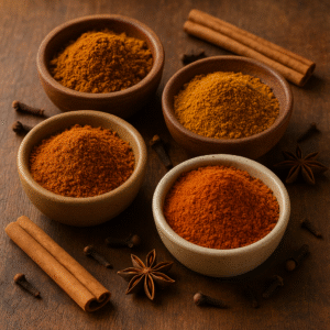 A set of small wooden and ceramic bowls filled with colorful Indian spice blends like chole, sambhar, pav bhaji, and tandoori masalas, arranged on a rustic wooden surface for export and culinary use.