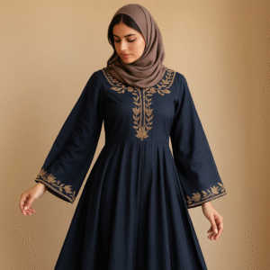 A young woman wearing a modest Indo-Western gown blending traditional Indian design with modern elegance, ideal for ethnic occasions.