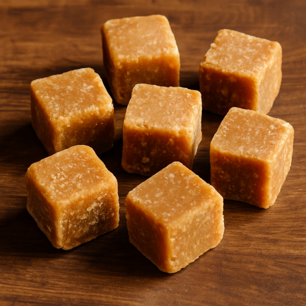 Seven golden brown jaggery cubes (solid gur) neatly arranged on a rustic wooden surface, showcasing their natural texture and traditional preparation ideal for export and retail.