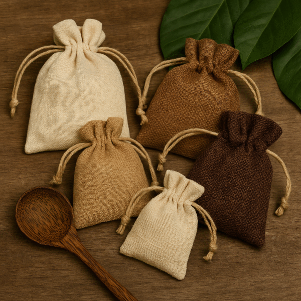 A photograph showcases five natural jute gift pouches with drawstrings, ideal for eco-friendly packaging, gifting, and sustainable branding.