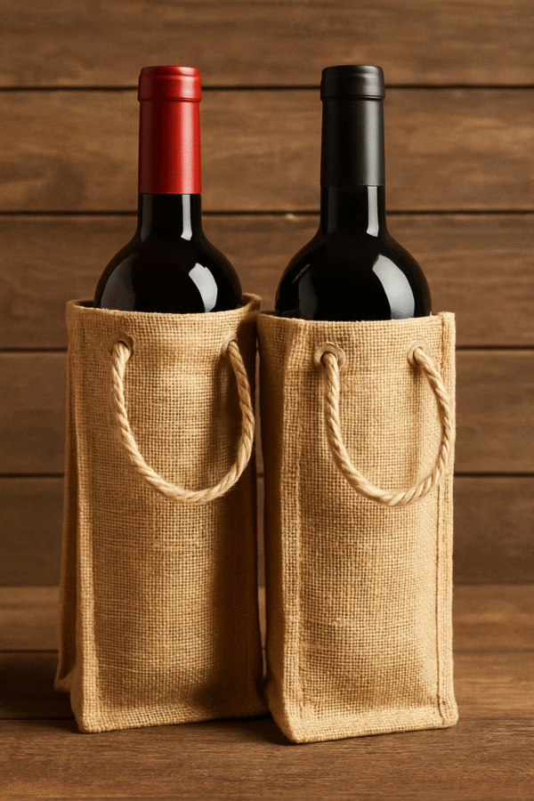 A pair of eco-friendly jute wine bottle bags with handles, designed for sustainable and reusable bottle packaging