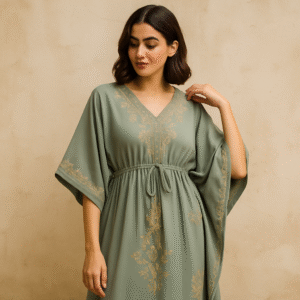 A young woman wearing a flowing kaftan kurta in earthy tones, showcasing relaxed-fit modest fashion ideal for daily wear and cultural occasions.