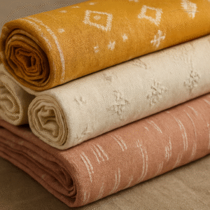 Close-up image of traditional Indian handloom fabrics including Khadi and Jamdani weaves in earthy and natural tones, showcasing texture and craftsmanship Let me know if you want meta descriptions or tags for Shopify or export catalogue as well.
