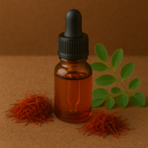Amber dropper bottle of Kumkumadi oil surrounded by saffron strands and green Ayurvedic herbs on a warm brown background