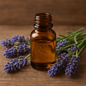 Amber glass bottle of lavender essential oil surrounded by fresh purple lavender flowers on a wooden surface