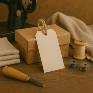 Custom sourcing concept with packaging box, fabric swatches, and sewing tools – Made to order products from India