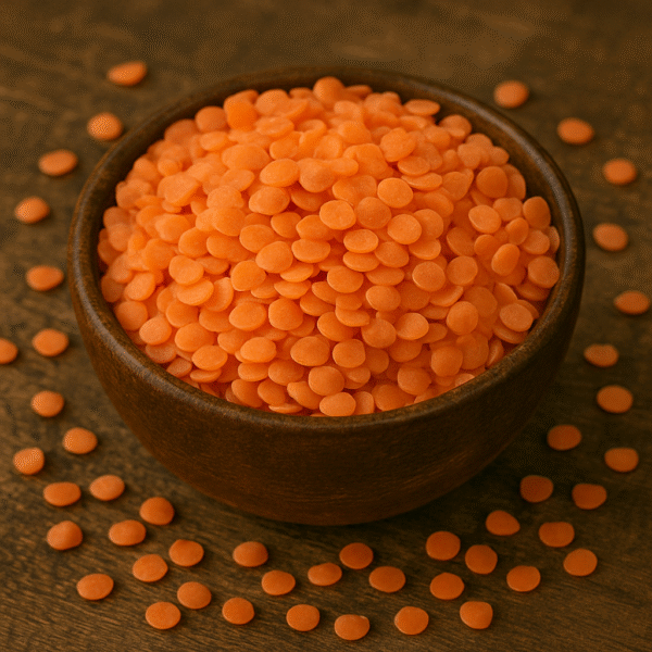 A wooden bowl filled with Masoor Dal (split red lentils) placed on a rustic wooden surface, with orange lentils scattered around for a natural and earthy look.