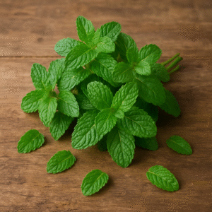 A bunch of fresh green mint leaves arranged on a rustic wooden surface, highlighting their crisp texture and aromatic quality ideal for culinary and export use.