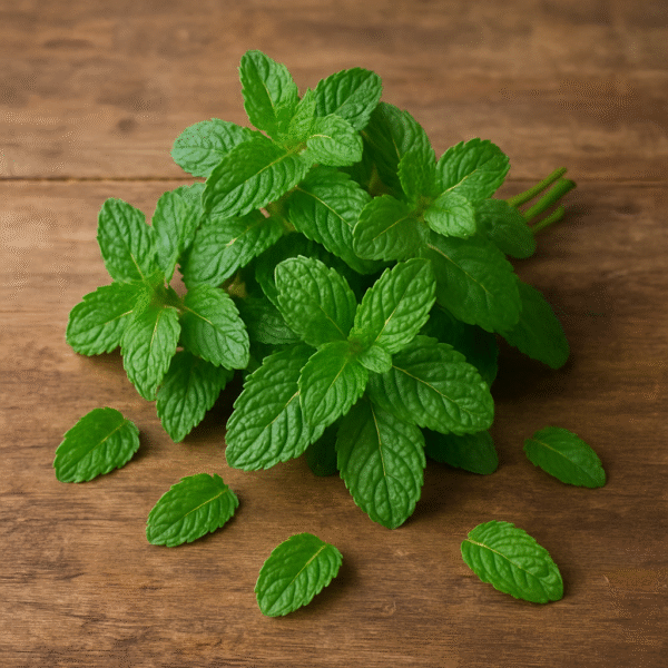 A bunch of fresh green mint leaves arranged on a rustic wooden surface, highlighting their crisp texture and aromatic quality ideal for culinary and export use.