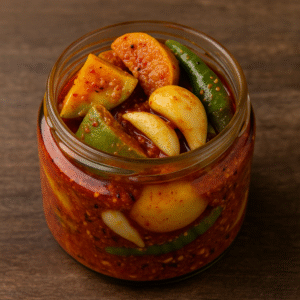 A glass jar filled with traditional Indian mixed pickle containing mango, lemon, garlic, and green chilli pieces, showcasing vibrant colors and rich textures on a rustic wooden surface.