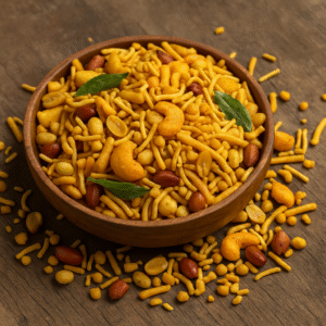 A close-up of a wooden bowl filled with a colorful blend of Indian namkeen mixture, including sev, peanuts, and fried lentils, placed on a rustic wooden surface, ideal for export and retail.